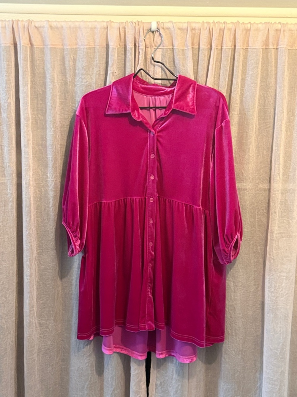 Velvet Button-Front Tunic Dress in Vibrant Fuchsia